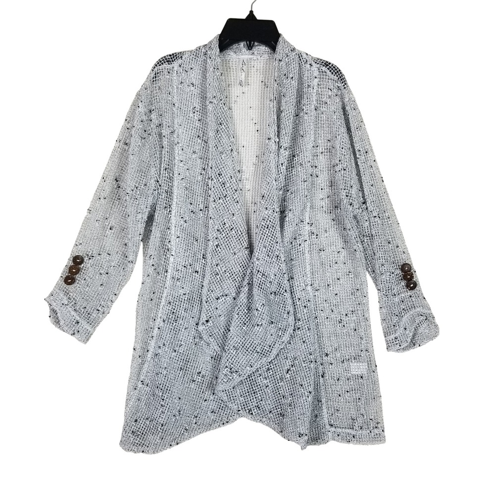Lulu-B Cardigan Women Medium White Black Speckled Mesh Open Front Draped 56